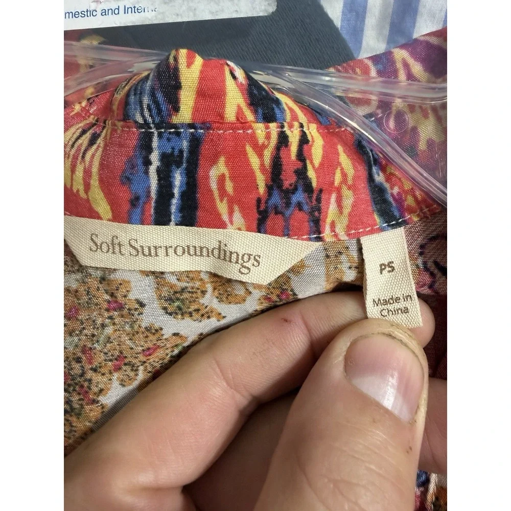 Soft Surroundings Silk Blend Top Small Petite Button Down Boho Art Colorful